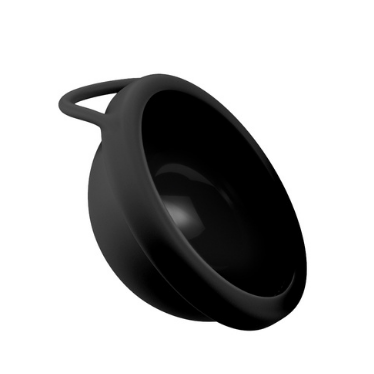 A black menstrual disc with handle against a white background