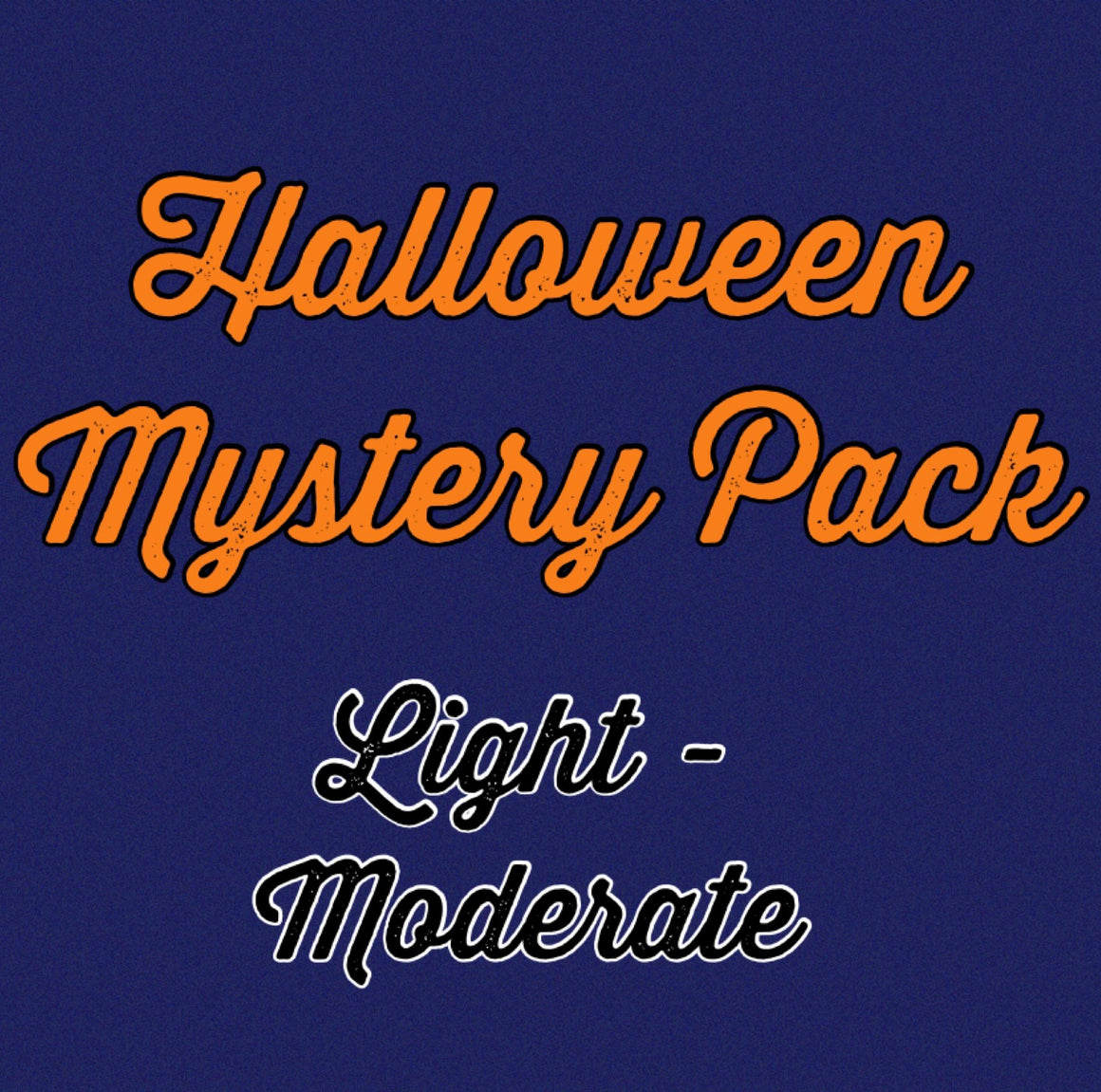 An advertisement for Scarlet Eve Halloween Mystery Packs, featuring text over an orange background with a decorative pattern. The text says 'Halloween Mystery Packs. $50 value for $30'.