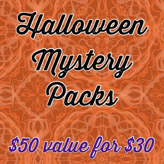 An advertisement for Scarlet Eve Halloween Mystery Packs, featuring text over an orange background with a decorative pattern. The text says 'Halloween Mystery Packs. $50 value for $30'.