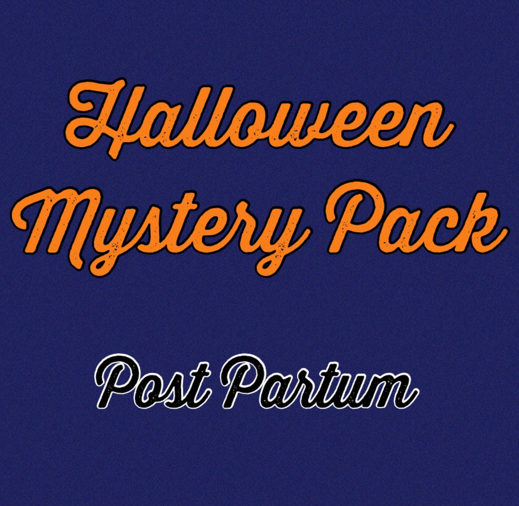 An advertisement for Scarlet Eve Halloween Mystery Packs, featuring text over a dark purple background. The text says 'Halloween Mystery Pack. Post Partum'.