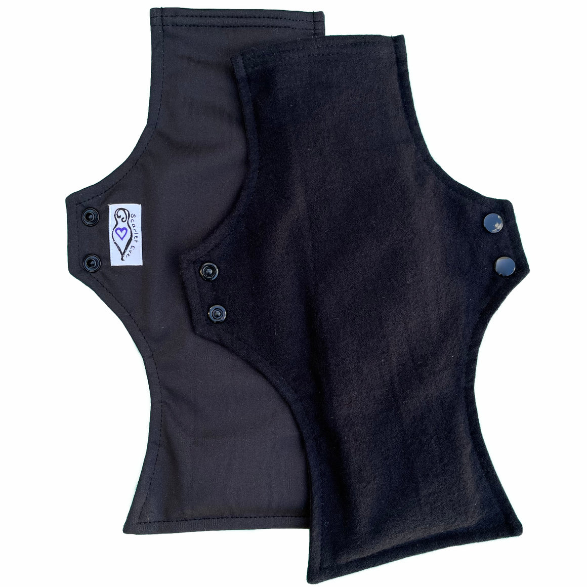 Scarlet Eve Basics Uber Pad. Top: Soft, black cotton flannel. Back: Solid black PUL. 4 layer flip-out bamboo fleece booster. For absorbency and length.