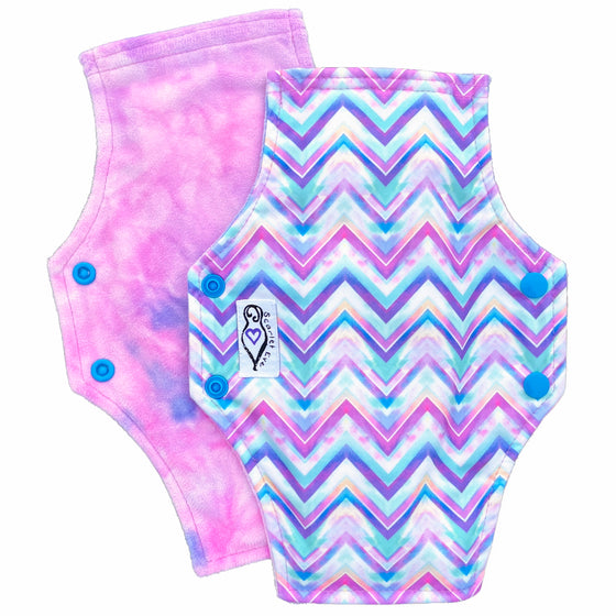 Scarlet Eve Pastel Chevron Regular Pad. Top: Plush Pink and Blue Minky. Bottom: Pastel Chevron PUL. 3 layer flip-out bamboo fleece booster. The absolute workhorse of the Scarlet Eve range.