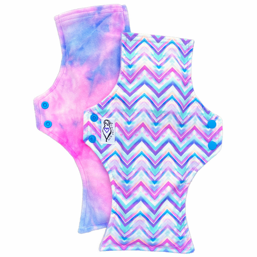 Scarlet Eve Pastel Chevron Uber Pad. Top: Plush Pink and Blue Minky. Bottom: Pastel Chevron PUL. 4 layer flip out bamboo fleece booster. For extra absorbency and length.