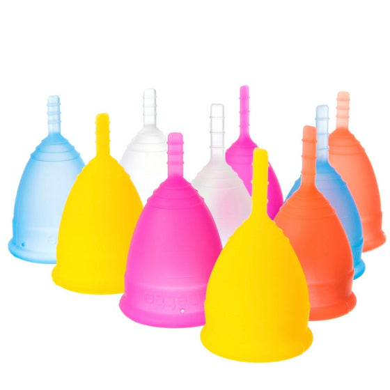 A collection of Lunette menstrual cups in various solid colors including blue, pink, yellow, orange, clear, and purple, displayed in a triangle shape with the stem end up.