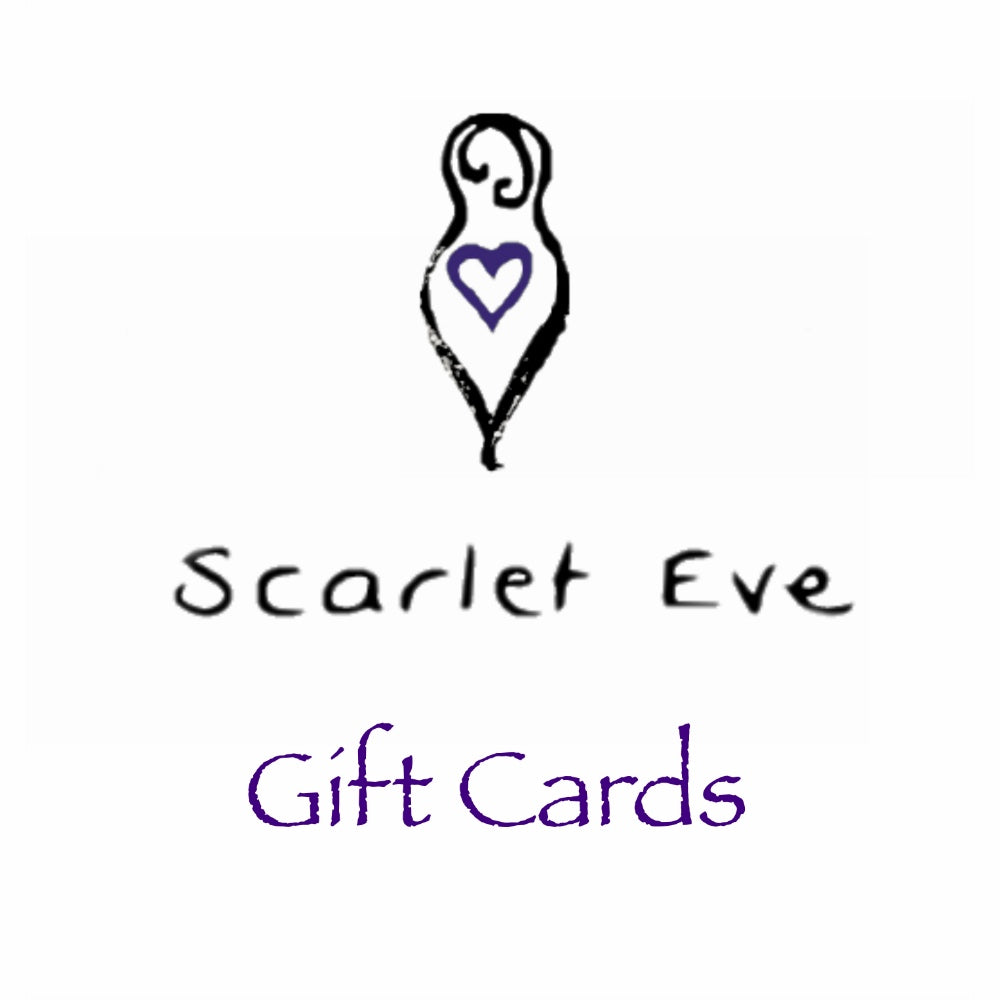 A white background with the Scarlet Eve logo at the top - black curvy lines form the shape of a woman with a purple heart inside. The words Scarlet Eve in black handwritten font underneath. At the bottom are the words Gift Cards in fancy purple letters.