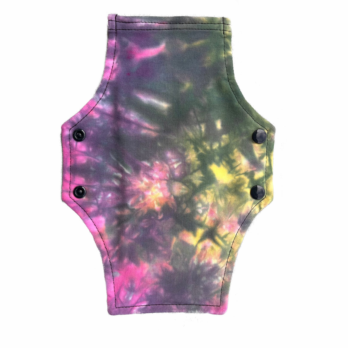 Three reusable cloth menstrual pads with a squared top and flared bottom shape, against a white background. The pad on the top is made from white PUL fabric with a black lace bats print, and has a white "Scarlet Eve" label. The pads on the bottom are made from tie dye cotton lycra fabric in pastel and black shades.