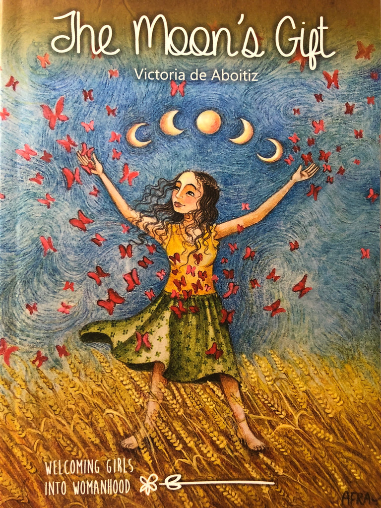 A close up of the cover of "The Moon's Gift" book. A drawing of a young girl playing with butterflies, with images of the moon phases above her.